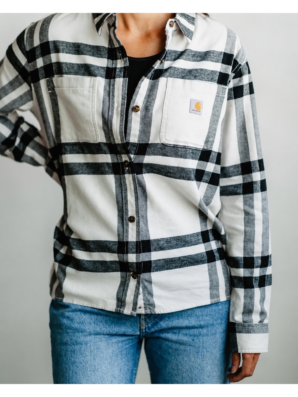 Carhartt Flannel Plaid Womens Loose Fit Short Button Down Gorpcore Shirt Cabin